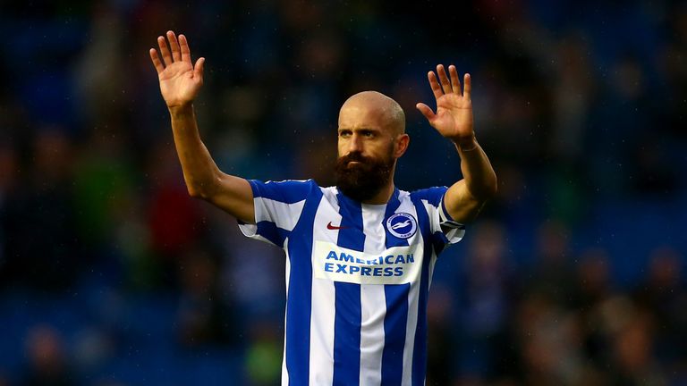 Bruno Saltor of Brighton & Hove Albion waves to the fans 