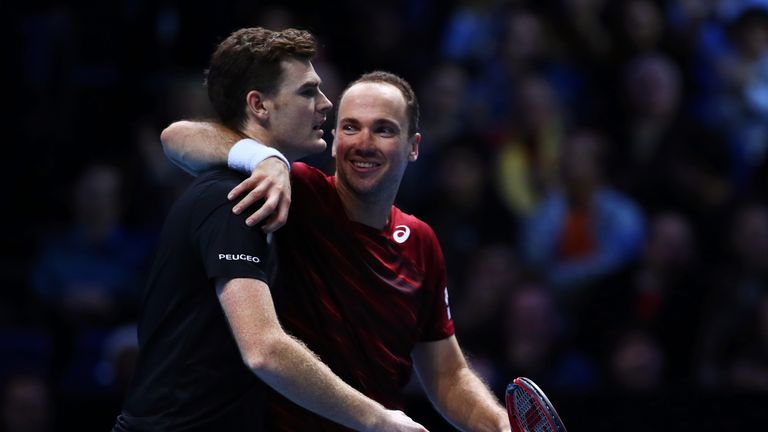 LONDON, ENGLAND - NOVEMBER 13:  Bruno Soares of Brazil and Jamie Murray of Great Britain celebrate victory in their men's doubles match against Treat Huey 