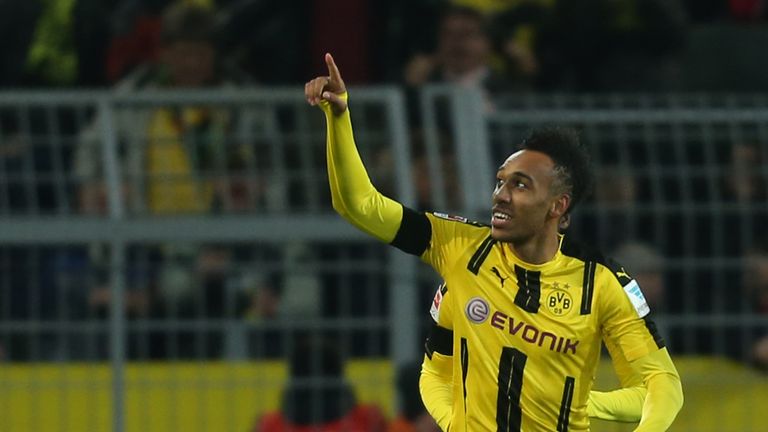 Dortmund's Gabonese forward Pierre-Emerick Aubameyang celebrates after scoring the opening goal during the German first division Bundesliga football match 