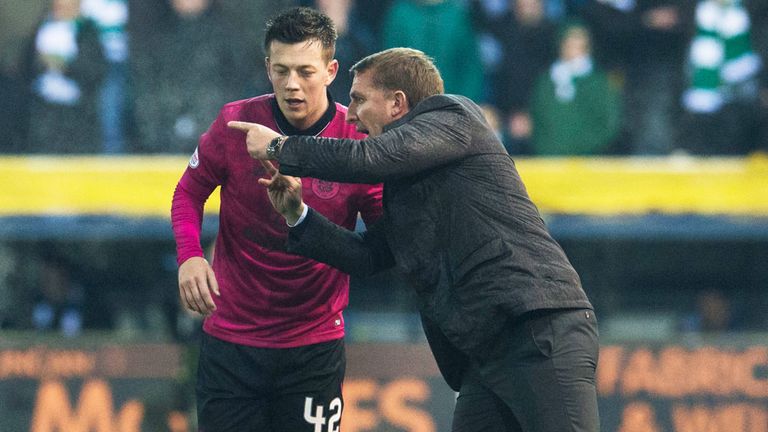 Celtic boss Brendan Rodgers gives instructions to Callum McGregor at Rugby Park