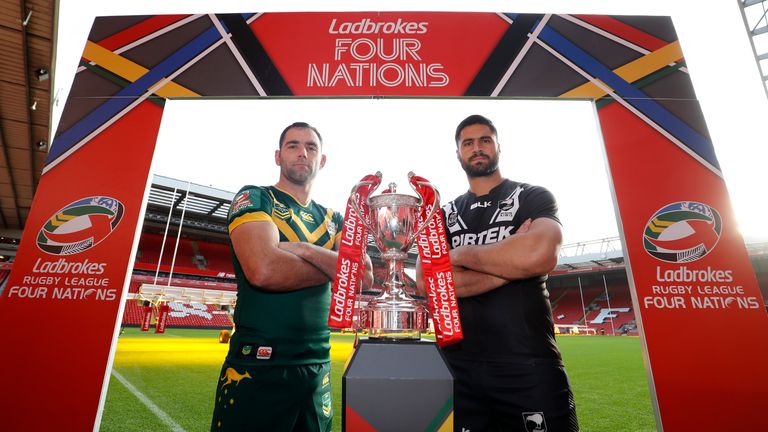 Australia captain Cameron Smith (left) with New Zealand captain Jesse Bromwich (right) during the Ladbrokes Four Nations Press Conference at Anfield, Liver