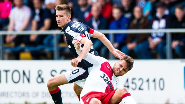 Dundee defender Cammy Kerr (L) and Harry Forrester of Rangers challenge for the ball at Dens Park