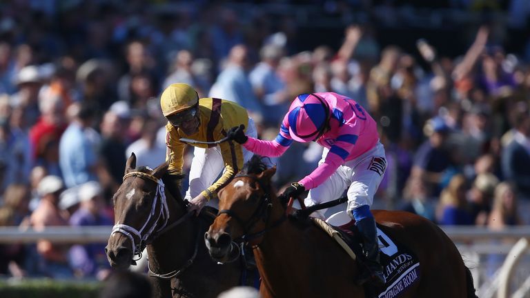 Champagne Room and Mario Gutierrez win the 14 Hands Winery Breeders' Cup Juvenile Fillies from the unlucky Valdorna.