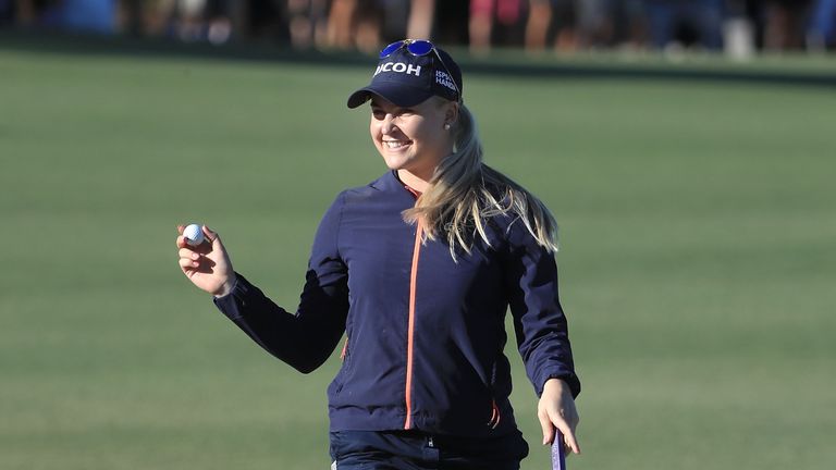 NAPLES, FL - NOVEMBER 20:  Charley Hull of England reacts to her winning putt on the 18th green during the final round of the CME Group Tour Championship a