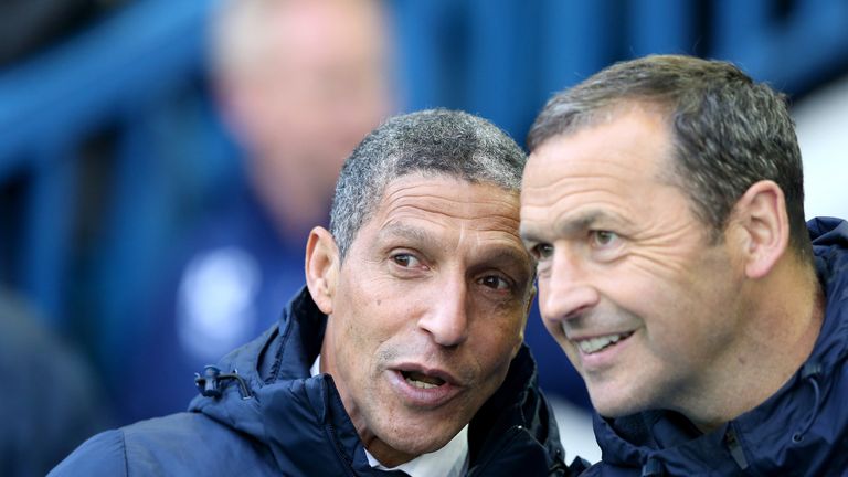 Brighton manager Chris Hughton and assistant Colin Calderwood (right) ahead of the Sky Bet Championship playoff, Semi final, first leg match at Hillsboroug