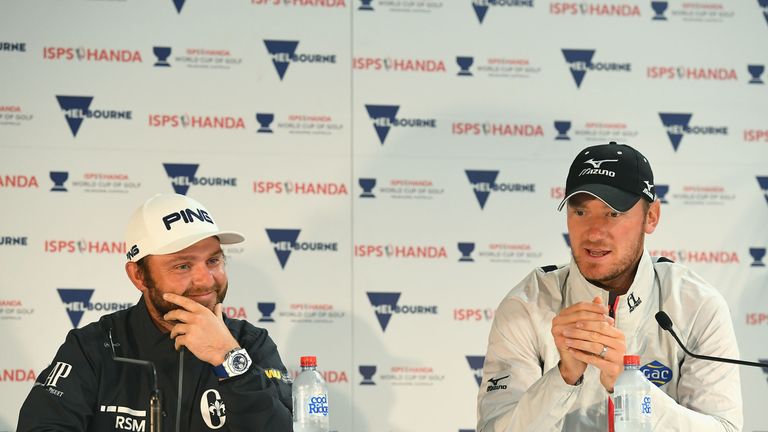 Andy Sullivan and Chris Wood of Team England speaks to the media ahead of the 2016 World Cup of Golf at Kingston Heath