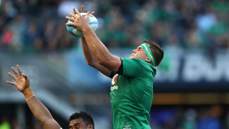 CJ Stander of Ireland wins lineout ball during the international match against New Zealand
