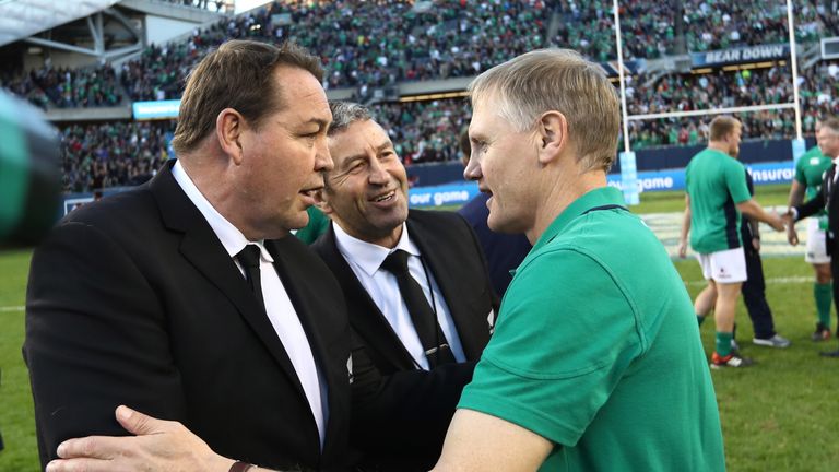 New Zealand coach Steve Hansen (L) shakes hands with Ireland boss Joe Schmidt (R)