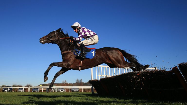Coillte Lass ridden by jockey Jack Sherwood jumps the the last to win The Racing UK HD on Sky 432 Mares National Hunt Nocices Hurdle at Ludlow Racecourse. 