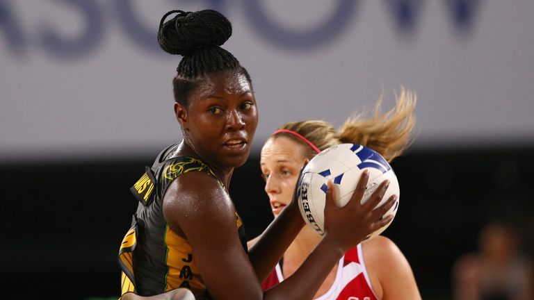 Vangelee Williams of Jamaica catches a pass during the bronze medal netball match between England and Jamaica