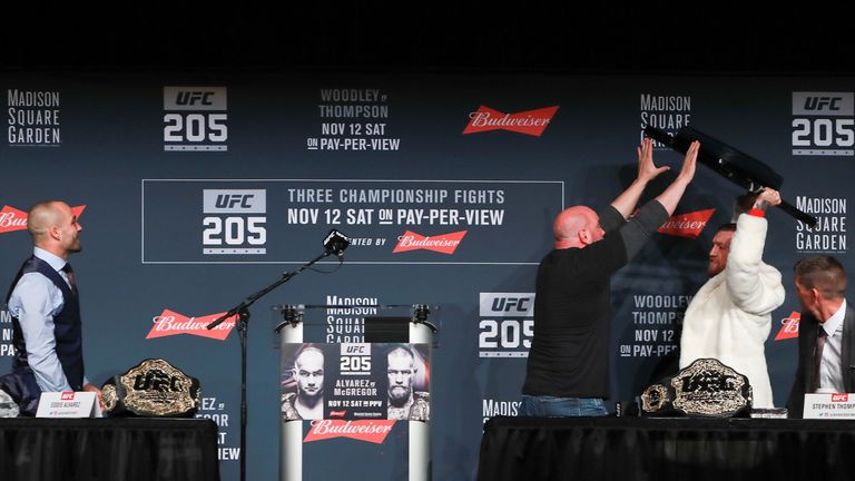 NEW YORK, NY - NOVEMBER 10:  UFC president Dana White stops Conor McGregor from throwing a chair at Eddie Alvarez during the UFC 205 press conference at Th