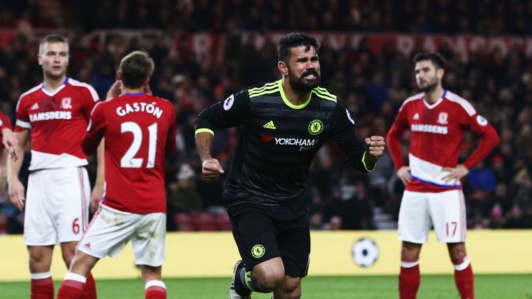 Diego Costa scores for Chelsea against Middlesbrough in the Premier League.