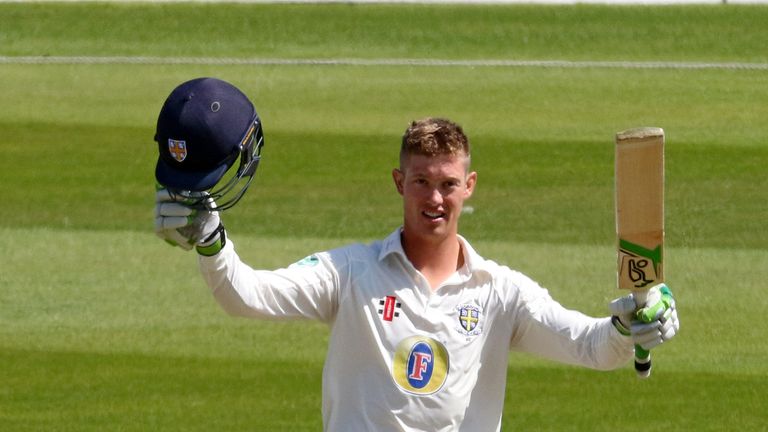 Keaton Jennings of Durham celebrates reaching 200 during day four of the Specsavers County Championship Division One v Yorkshire, 23 June 2016