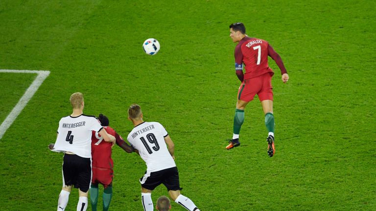 PARIS, FRANCE - JUNE 18:  Cristiano Ronaldo of Portugal scores from a header which later gets disalowed during the UEFA EURO 2016 Group F match between Por