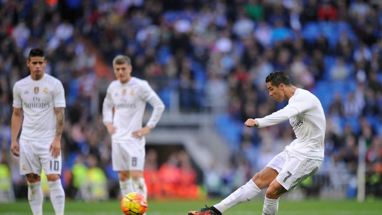 MADRID, SPAIN - DECEMBER 05:  Cristiano Ronaldo of Real Madrid takes a free kick during the La Liga match between Real Madrid CF and Getafe CF at Estadio S