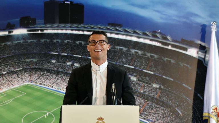 Real Madrid's Cristiano Ronaldo speaks during the official presentation of his contract renewal