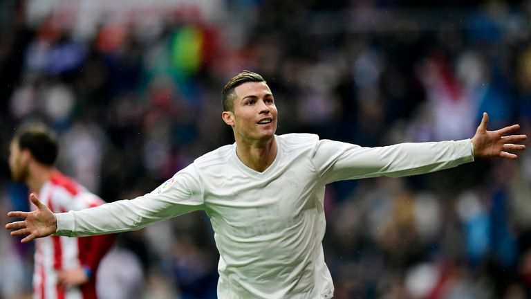 Cristiano Ronaldo celebrates scoring his second goal for Real Madrid