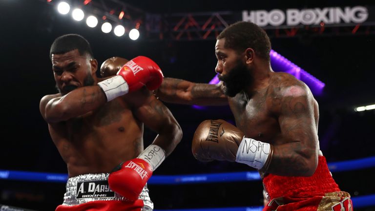 Curtis Stevens lands a right to the head of James De La Rosa of Mexico during their middleweight bout at T-Mobile Arena.