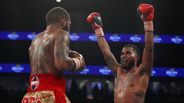 James De La Rosa of Mexico taunts opponent Curtis Stevens during their middleweight bout at T-Mobile Arena.