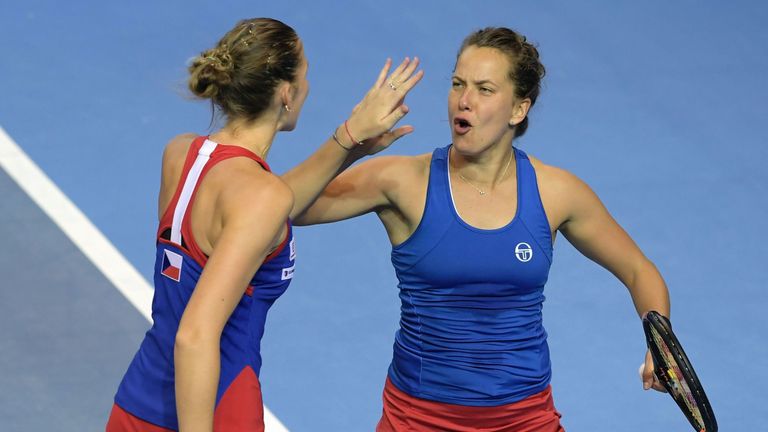 Czech Republic's Barbara Strycova (R) and teammate Karolina Pliskova