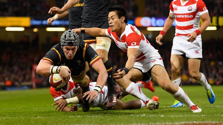 Dan Lydiate goes over for the first Wales try against Japan 