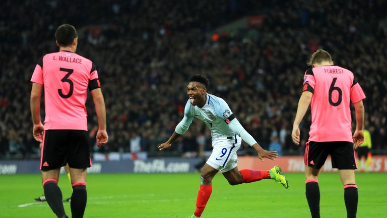 LONDON, ENGLAND - NOVEMBER 11:  Daniel Sturridge of England (9) celebrates as he scores their first goal during the FIFA 2018 World Cup qualifying match be