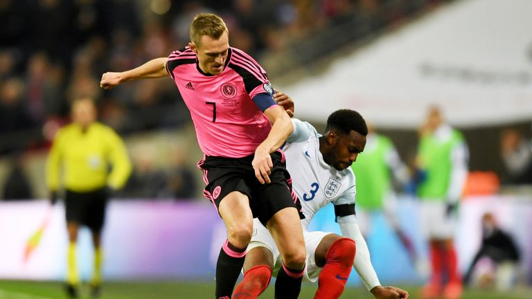 LONDON, ENGLAND - NOVEMBER 11:  Danny Rose of England battles with Darren Fletcher of Scotland during the FIFA 2018 World Cup qualifying match between Engl