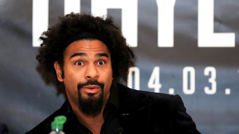 David Haye gestures during the press conference for his fight with Tony Bellew