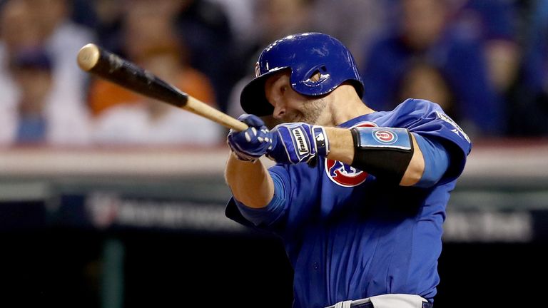 CLEVELAND, OH - NOVEMBER 02:  David Ross #3 of the Chicago Cubs hits a solo home run during the sixth inning against the Cleveland Indians in Game Seven of