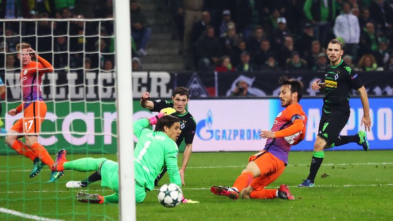 David Silva equalises for Manchester City against Borussia Monchengladbach