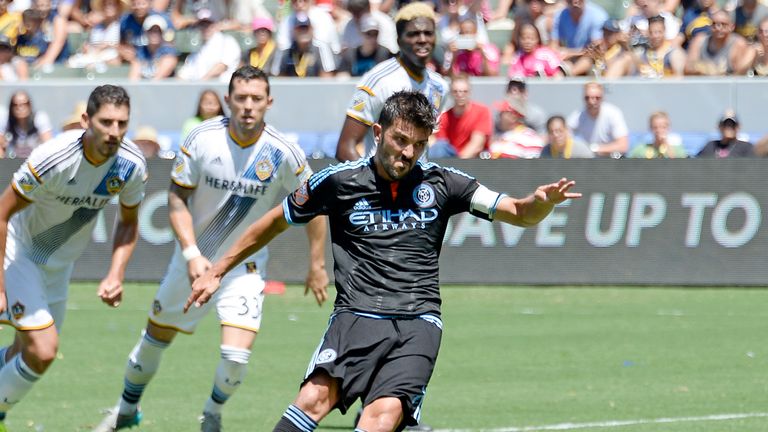 CARSON, CA - AUGUST 23:  David Villa #7 of New York City FC scores on a penalty kick against Los Angeles Galaxy during the second half at StubHub Center Au