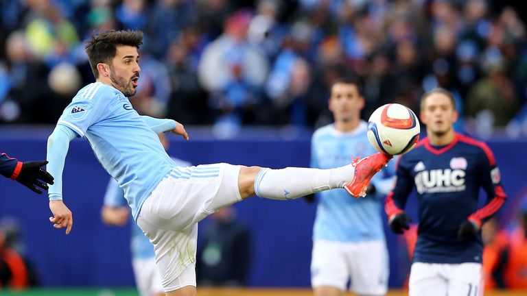 NEW YORK, NY - MARCH 15:  David Villa #7 of New York City FC passes the ball in the first half against the New England Revolution during the inaugural game
