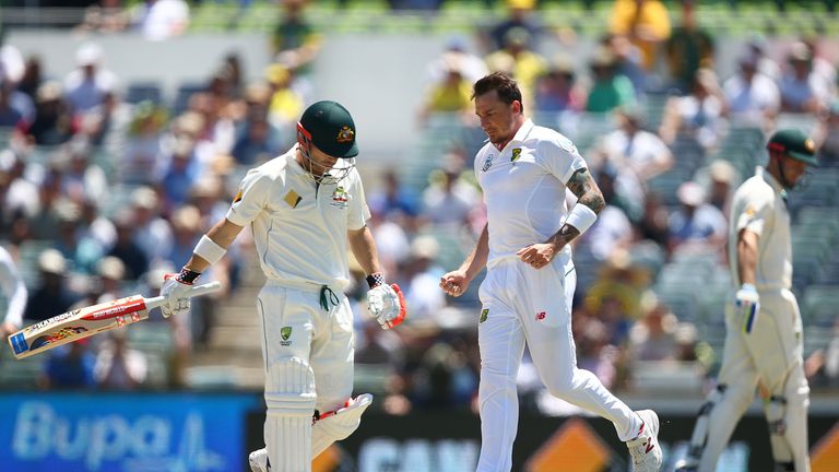 PERTH, AUSTRALIA - NOVEMBER 04:  Dale Steyn of South Africa celebrates the wicket of David Warner of Australia during day two of the First Test match betwe