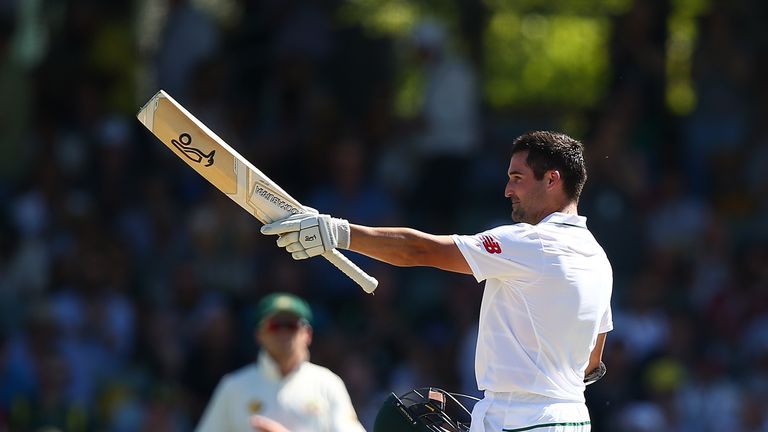 Dean Elgar celebrates his century during day three of the First Test match between Australia and South Africa