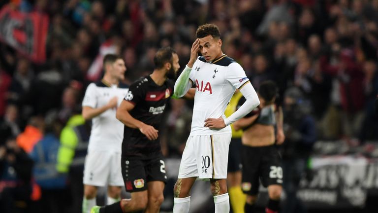 Dele Alli of Tottenham reacts after Bayer Leverkusen's goal