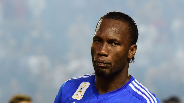 Didier Drogba of the Montreal Impact gestures following the national anthems ahead of kickoff against the LA Galaxy in their MLS match on September 12, 201