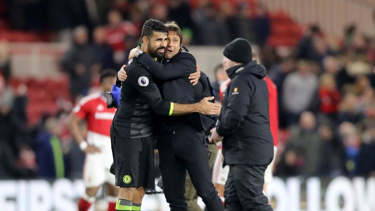 Chelsea's Diego Costa (left) celebrates win with Chelsea manager Antonio Conte