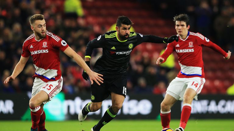 Diego Costa of Chelsea is closed down by Calum Chambers (L) and Marten de Roon of Middlesbrough