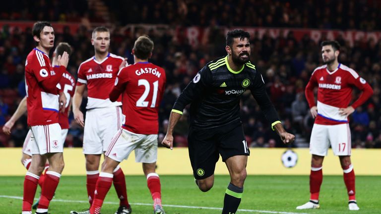 Diego Costa celebrates giving Chelsea the lead against Middlesbrough