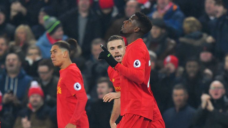 Liverpool's Divock Origi celebrates scoring his side's first goal 