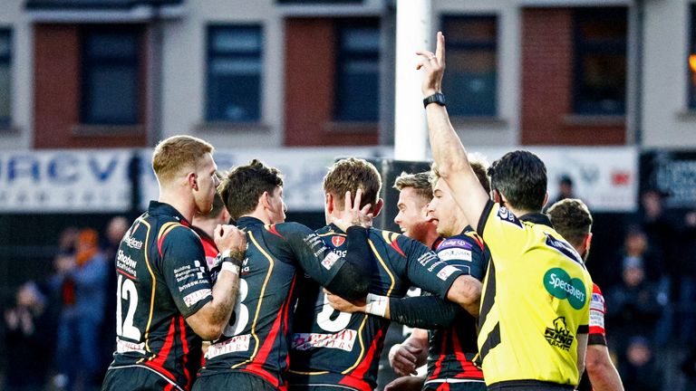 Rodney Parade, Newport, Wales 27/11/2016.Newport Gwent Dragons vs Edinburgh.Newport Gwent Dragons' Carl Meyer celebrates scoring his sides first try.