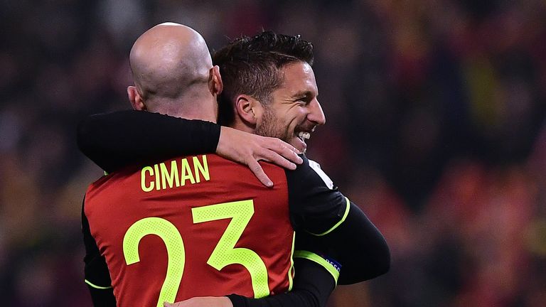 Dries Mertens (R) celebrates with Belgium team-mate Laurent Ciman