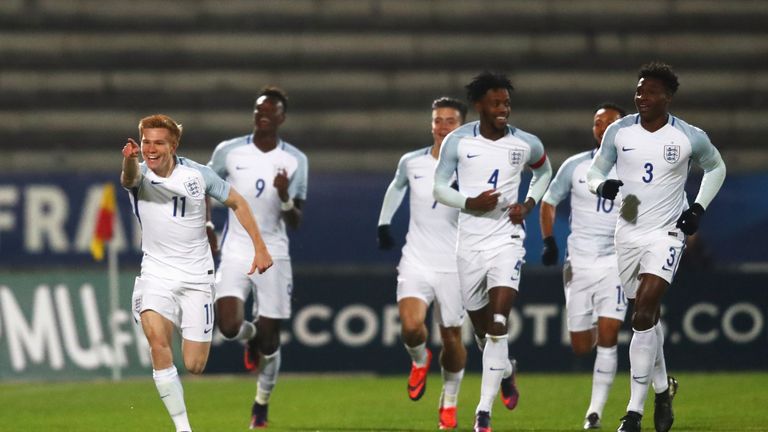 PARIS, FRANCE - NOVEMBER 14:  Duncan Watmore of England U21 (11) celebrates with team mates as he scores their first goal during the U21 international frie
