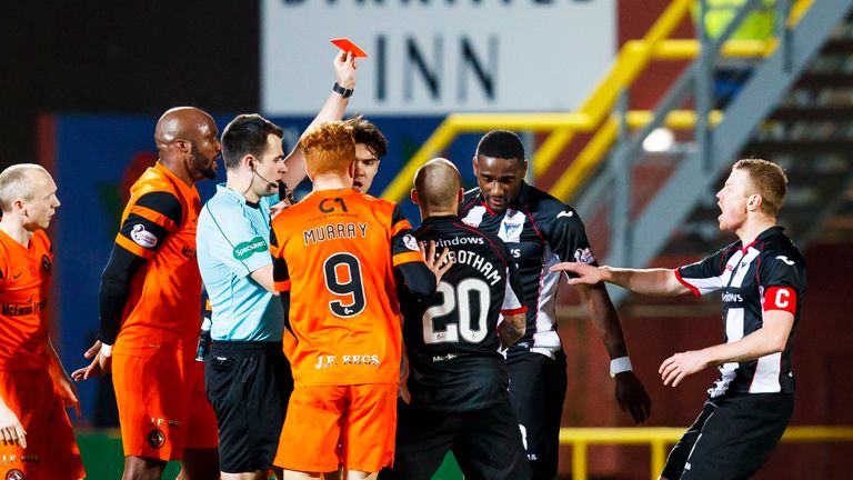 DUNDEE UNITED V DUNFERMLINE (1-0) .  TANNADICE - DUNDEE .  Dunfermline's Nathanial Wedderburn is shown the red card