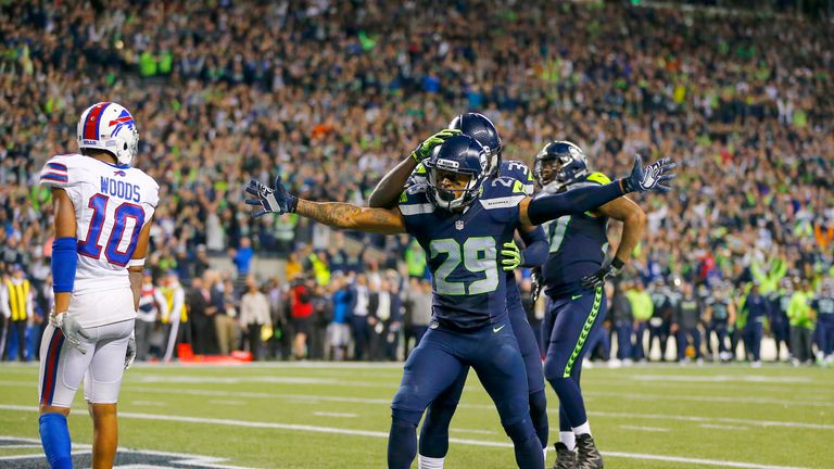 Earl Thomas celebrates after helping break up a touchdown play in the final moments, to give Seattle a 31-25 win over the Buffalo Bills