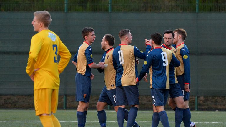 Ross McNeil of East Kilbride (9) celebrates scoring the second goal