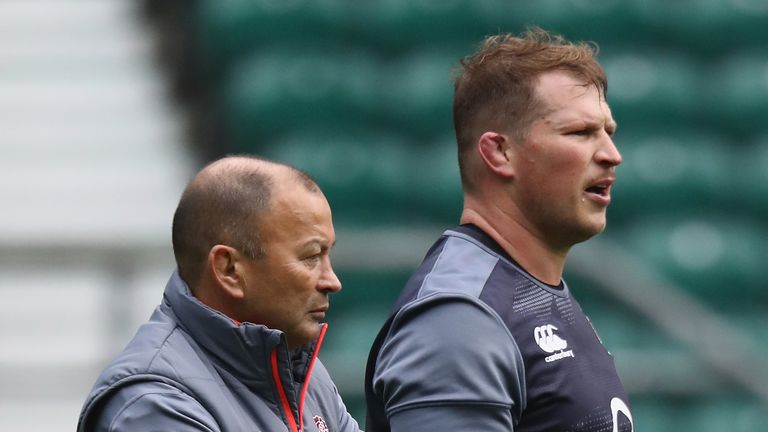 LONDON, ENGLAND - NOVEMBER 18:  Eddie Jones, (L) the England head coach talks to team captain Dylan Hartley during the England captain's run at Twickenham 