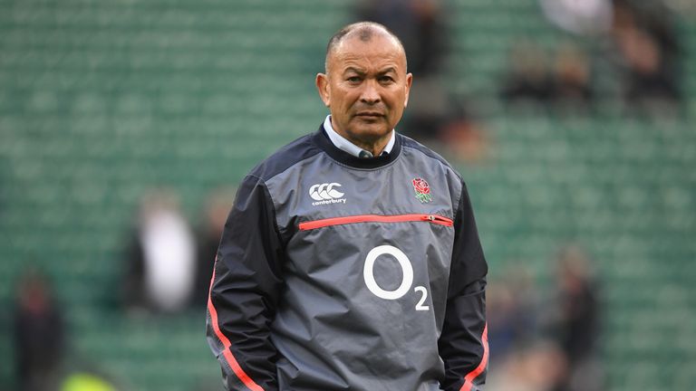 LONDON, ENGLAND - NOVEMBER 26:  Eddie Jones the head coach of England watches over his team warm up prior to kickoff during the Old Mutual Wealth Series ma