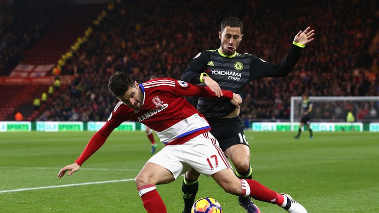 MIDDLESBROUGH, ENGLAND - NOVEMBER 20: Eden Hazard of Chelsea challenges Antonio Barragan of Middlesbrough during the Premier League match between Middlesbr