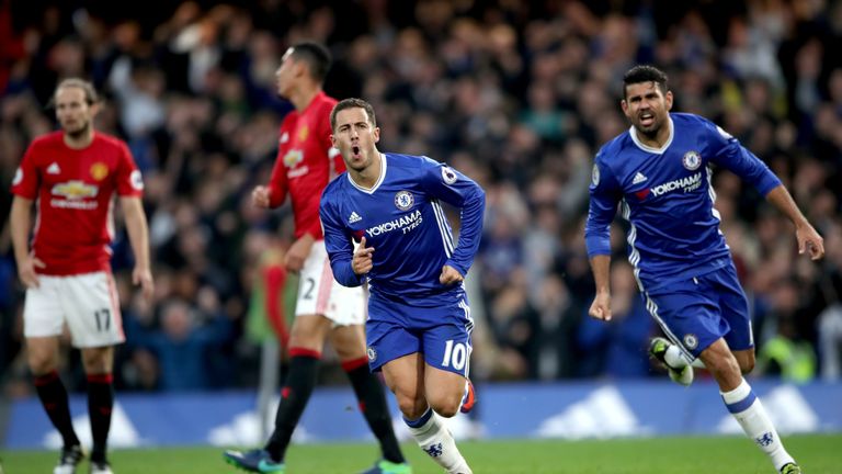 Chelsea's Eden Hazard celebrate scoring his side's third goal of the game with teammate Diego Costa (right) during the Premier League match at Stamford Bri